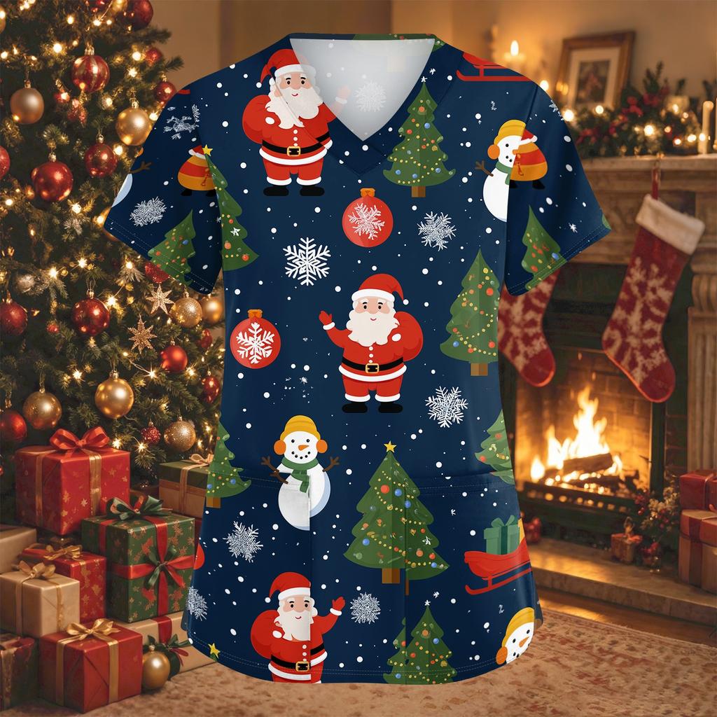 Women's V-Neck Short Sleeve Work Shirt with Christmas Print, Pockets and Side Slits