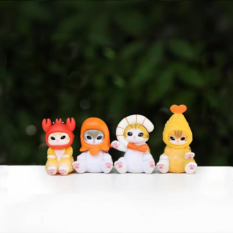 6 Stück Kawaii Mofusand Haifischkatze Mini-Figur Tempura-Garnelen Oktopus Tintenfisch Garnele Krabbe Pizza Modell Auto Armaturenbrett Schreibtisch Dekor Geschenk