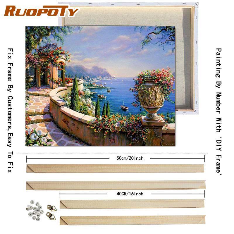 

RUOPOTY фарба за номерами Морський пейзаж Масляний живопис Художній подарунок Розмальовка своїми руками за номерами Полотно Маяк Набори Домашній декор 40x50CM DIY Frame