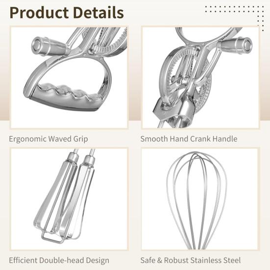 Egg Beater Set Manual Rotary Mixer with Silicone Brush Spatula Double-head Hand Push Whisk Stainless Steel Kitchen Tool for Baking Cooking