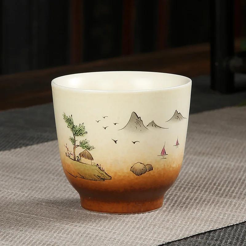 1pcs 100ml Coarse Pottery Teacup Single Cup Large Handmade  Ceramic Kung Fu Tea Set  Hand-painted Firewood Master Cup.