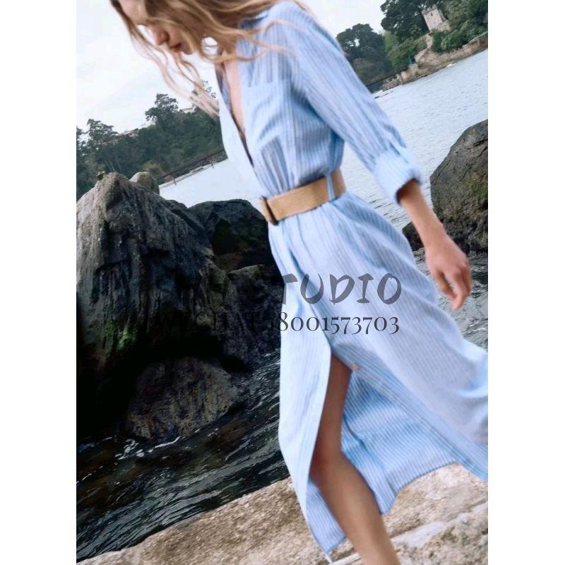 Spring and Summer New Casual V-neck Hemming Sleeve Jute Belt Shirt Style Dress 8372077 4387062