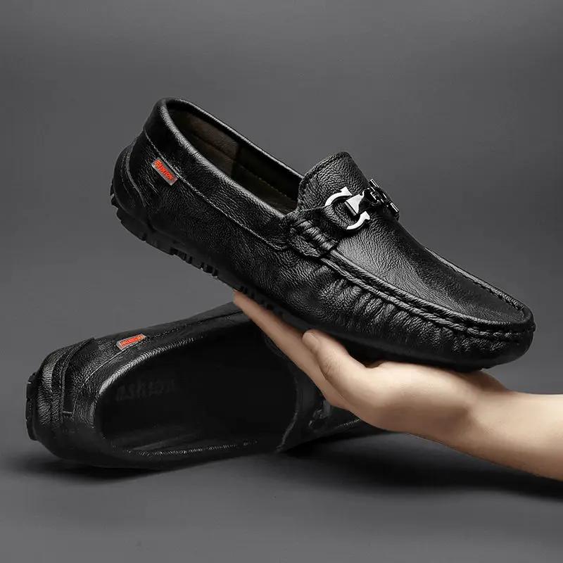 Leather Shoes for Men Non Slip and Waterproof Man Casual Shoe Square Toe Flat High Quality Fashion Pu Classic Original On Sale