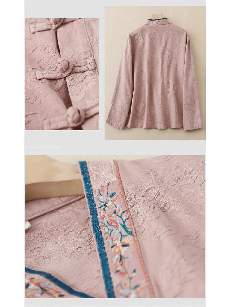 Damen Retro Chinesisch Besticktes Baumwoll-Leinen Langarm Hanfu Hemd