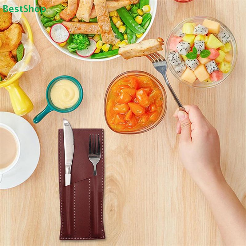 Simple PU Leather Cutlery Storage Bag Restaurant Fork Knife Utensil Bag Camping Chopsticks Barbecue Tool Storage Bag