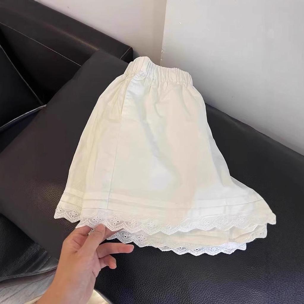 Women's White Lace Trim A-Line Shorts - Summer Loose-Fitting, Versatile, Casual Wide-Leg Pants