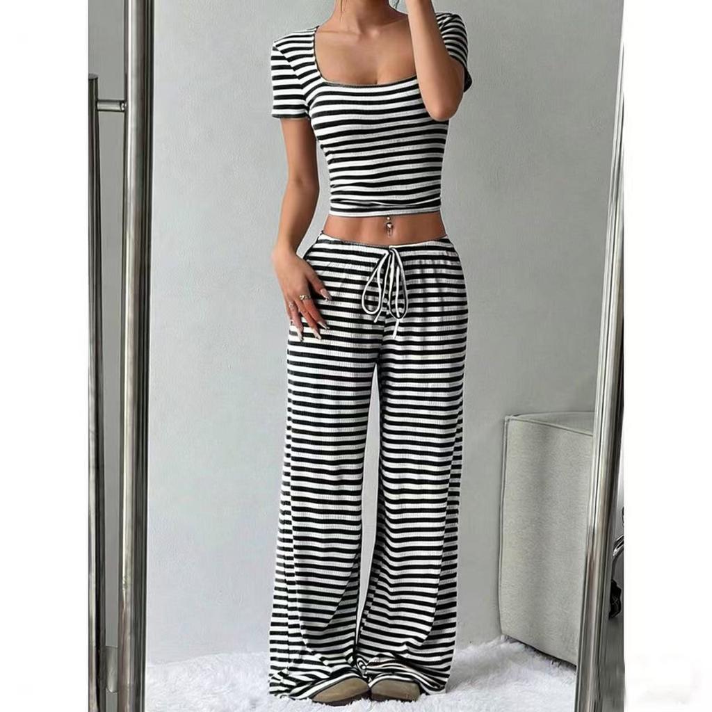 2026 Spring/Summer New Striped Top High-Waisted Slimming Wide-Leg Pants Women's Casual Suit