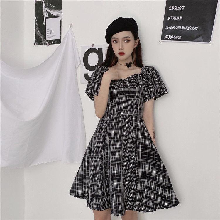 Kleider Frauen Kurzarm Schwarz Plaid Knielangen Hohe Taille A-linie Quadrat Kragen Mädchen Süße Harajuku Streetwear Sommer