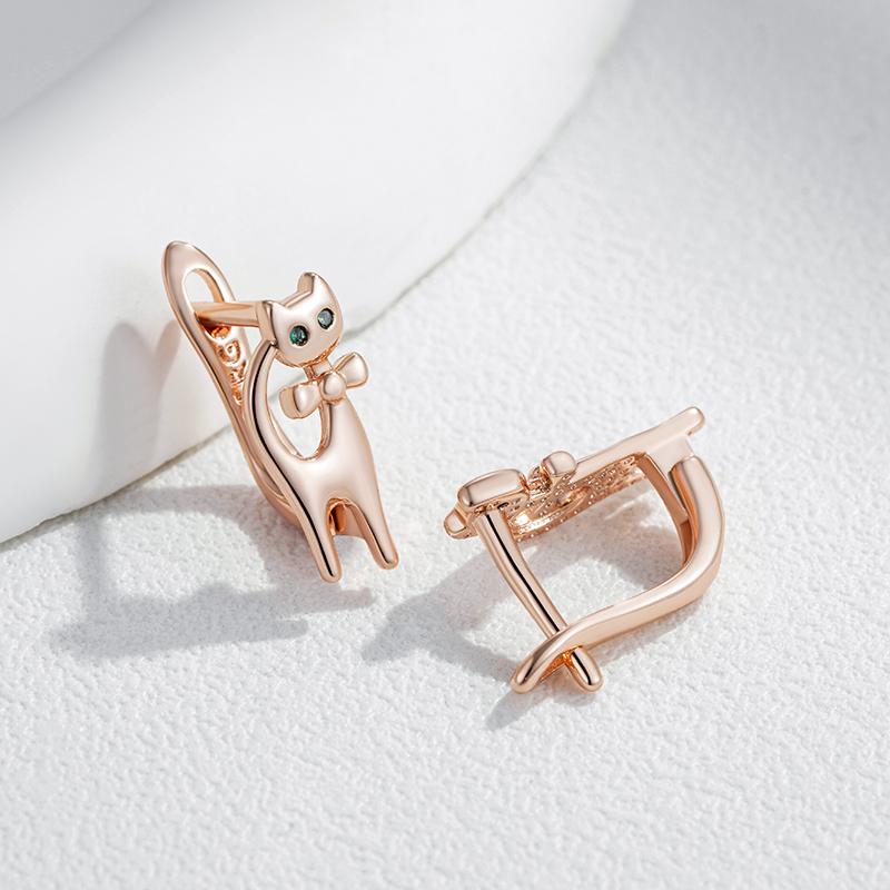 Luxury Cute Cat Earrings For Girls  Rose Gold Color Natural Zircon Accessories Children Baby Xmas Gifts Animal Jewelry