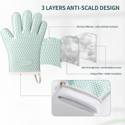 2PCS Silicone Oven Mitts Heat Resistant 450 Degrees Oven Glove Non-Slip Oven Gloves with Fingers Cotton Lined Kitchen Mitts