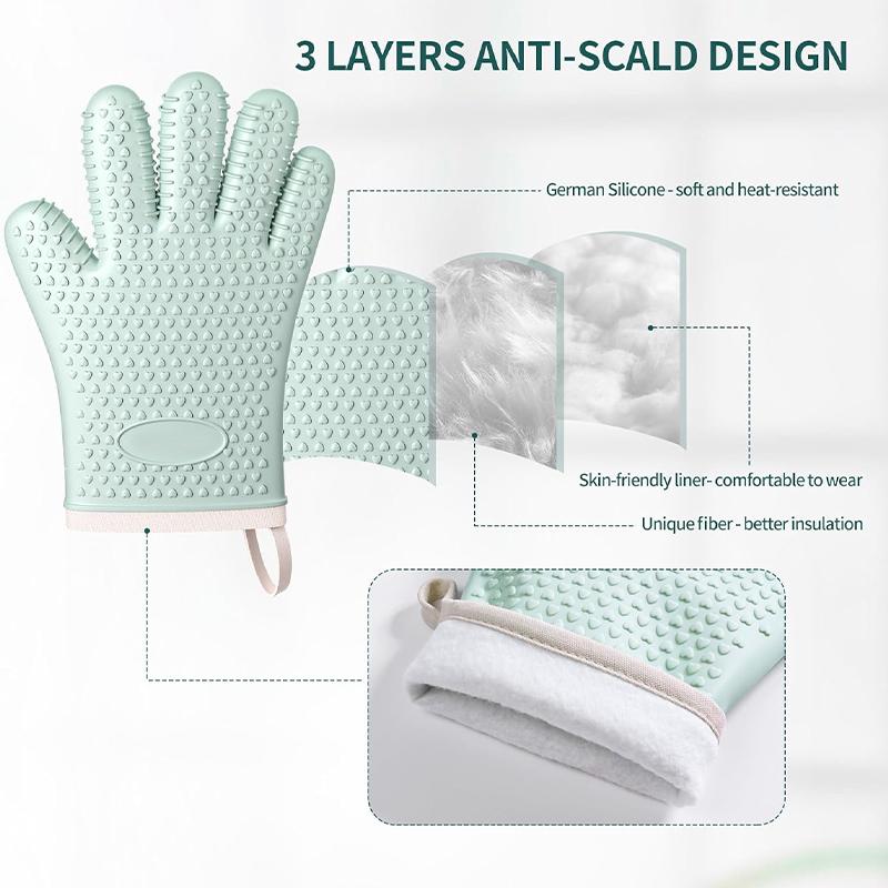 2PCS Silicone Oven Mitts Heat Resistant 450 Degrees Oven Glove Non-Slip Oven Gloves with Fingers Cotton Lined Kitchen Mitts
