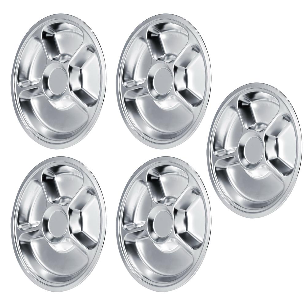 5Pcs Thicken 304 Stainless Steel Round Divided Service Plate Dinner Tray Tableware for Kid5?Section