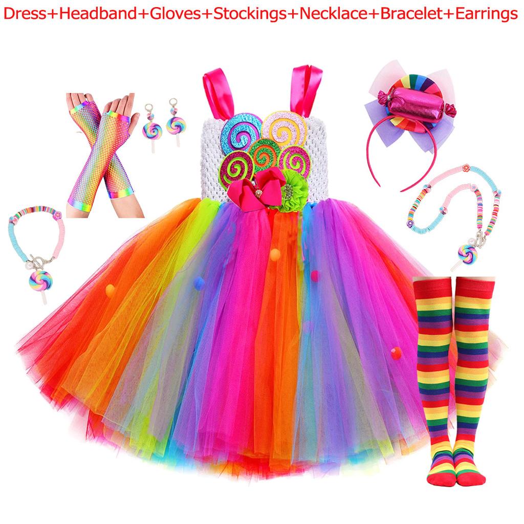 Rainbow Tutu Dress Cute Girls Sweet Lollipop Cosplay Dress up Purim Festival Celebration Costume Candy Design Girls Tutu Dress