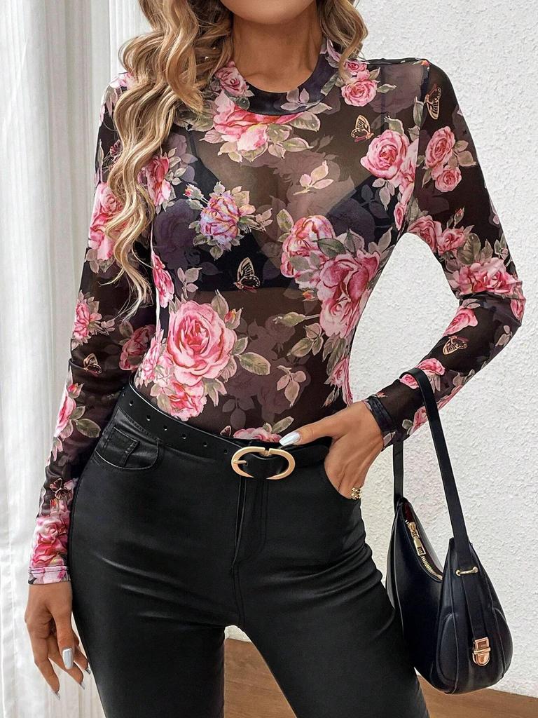 Elegant Rose Floral Mesh Slim-Fit Top for Women - Autumn/Winter Collection