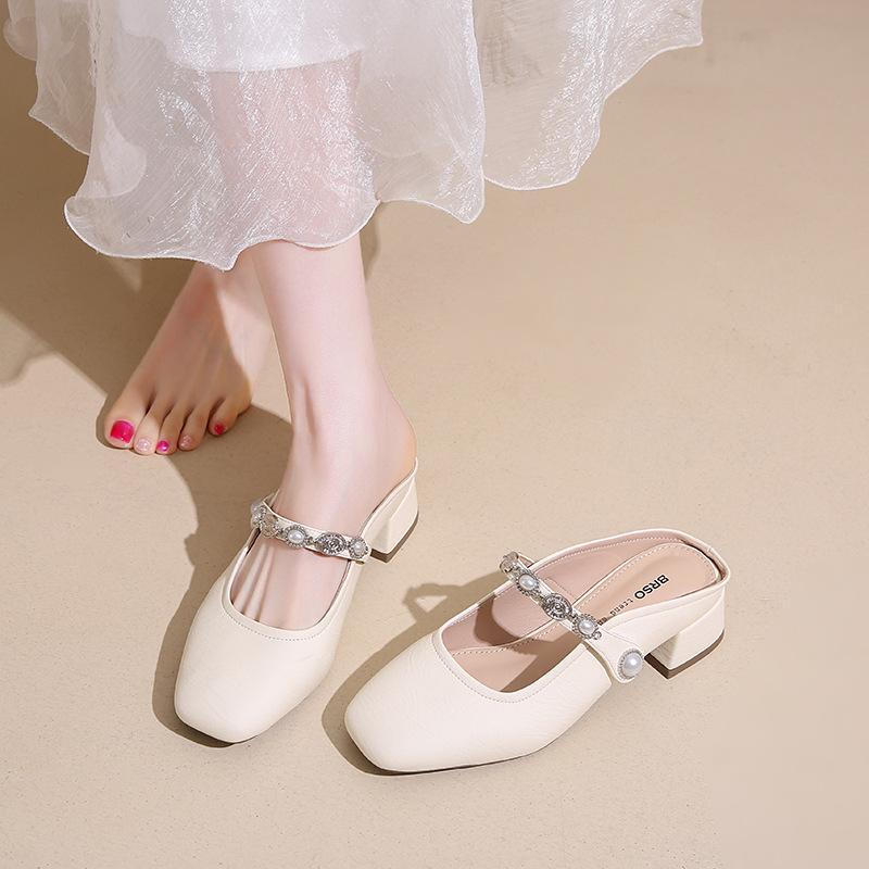 Mary Jane shoes half slippers women's 2025 summer outer wear silver high-end sense one pedal lazy shoes sandals muller shoes