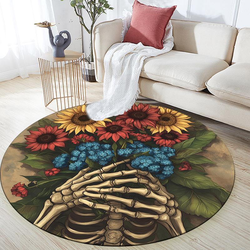 Sunflower and Skull,Round Area Rug,Carpet Rug for Living Room Bedroom Sofa Playroom Decor,Non-slip Floor Mat
