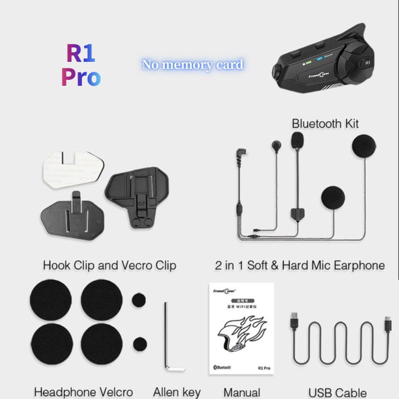 

Гарнитура для мотоциклетного шлема, универсальный домофон, водонепроницаемый Wi-Fi, 2K, видеорегистратор, Bluetooth, домофон 【R1 Pro】No Memory Car
