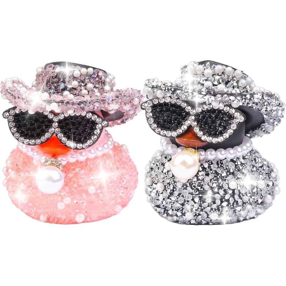 Rhinestones Rubber Duck Car Ornaments, 2Pcs Funny Diamond Ducks Car Dashboard Decorations Duck Accessories with Mini Shiny Cowboy Hat Necklace and