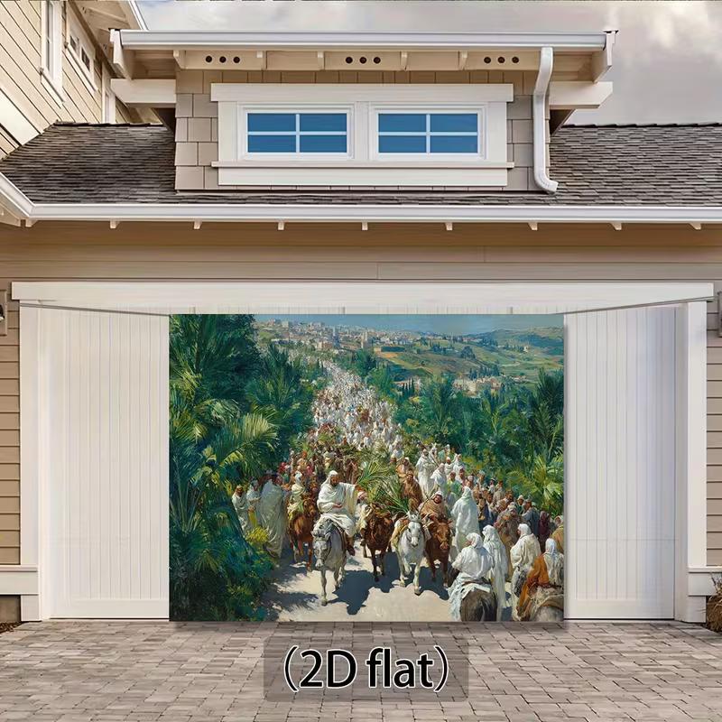 2D Triumphal Entry Backdrop, Palm Sunday Procession Scene Background for Christian Home Decor