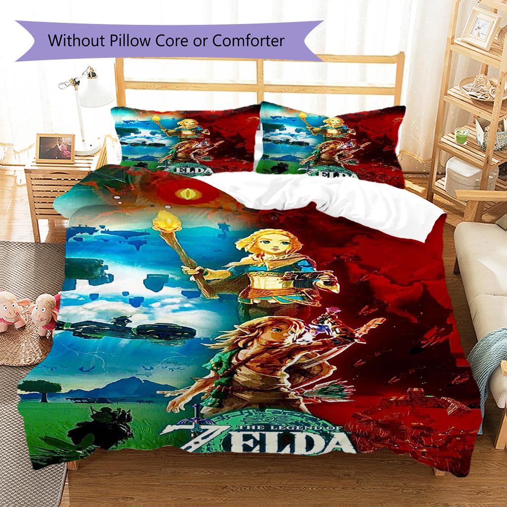 Link Zelda Vzor Ložní povlečení Sada prošívaných dek a povlaků na polštáře Domácí dekorace Dárek (1 * povlak na peřinu + 2 * povlak na polštář, bez jádra)