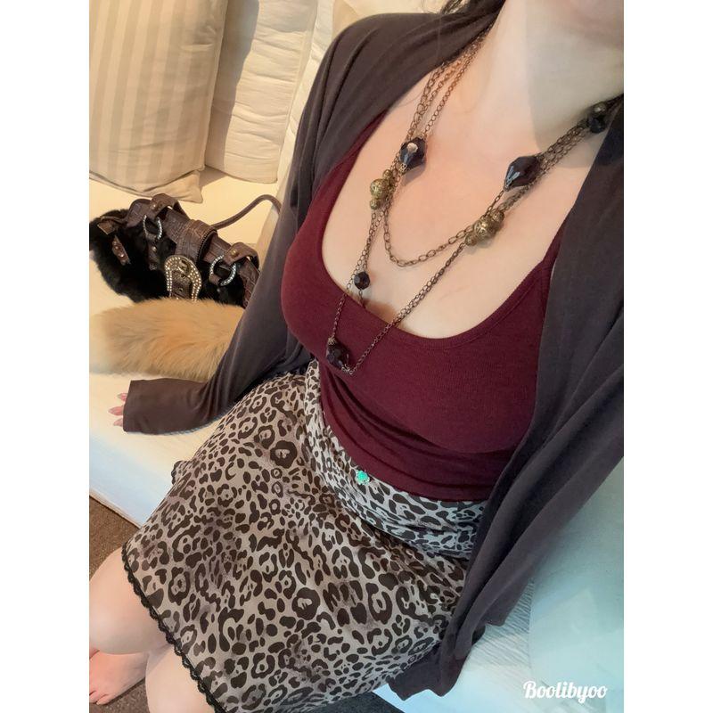 

Boolibyoo Wild Light Mature Woman Plus Size Sexy Modern Retro Cardigan Vest Leopard Print Skirt Three-Piece Set Angora Red Sling L