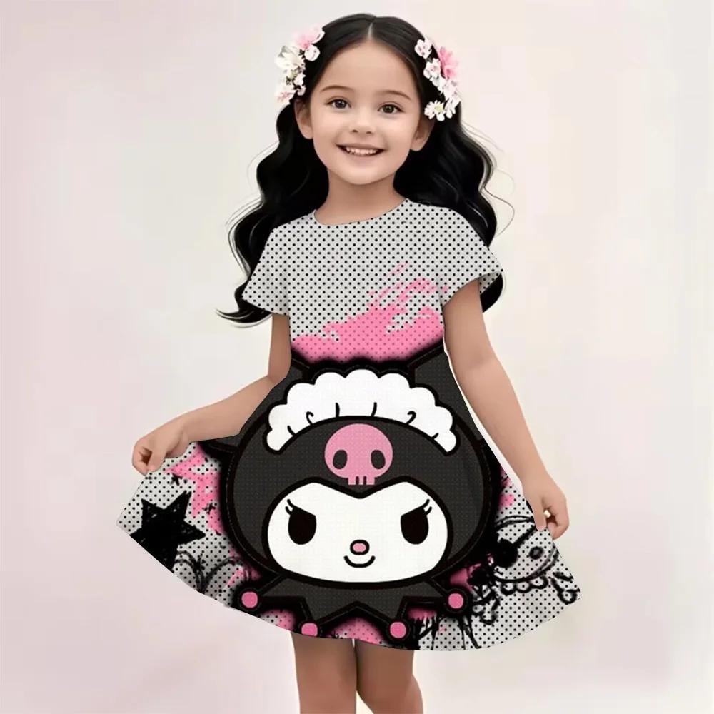 Sanrio Summer Dress Fashion Cartoon Cute Cinnamoroll Hello Kitty 3D Printing Dress Kid Short Sleeve Princess Clothing Kuromi