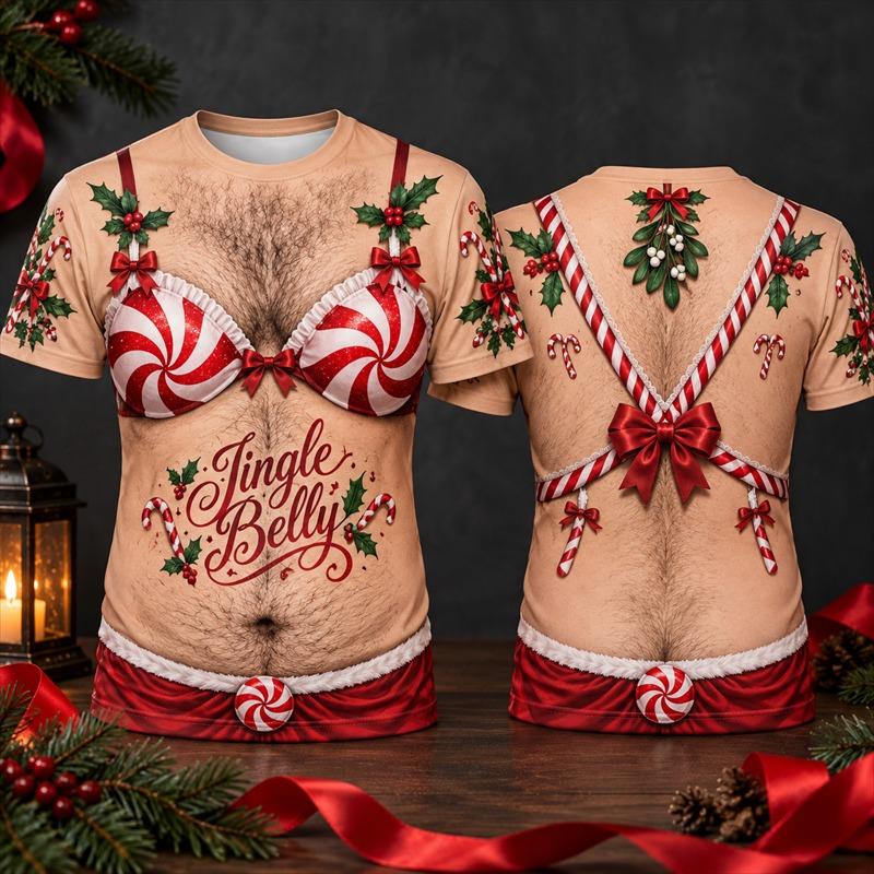 Falscher haariger Bauch Weihnachten T-Shirt 2026 Neu Herren Kurzarm 3D Lustiger Illusionsdruck Festliches BH Neuheit Weihnachten Party Outfit T-Shirt