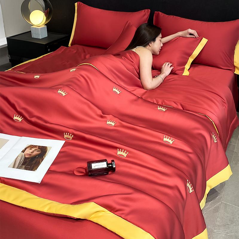 Luxury Embroidered Spring Summer Blanket 4 Pcs Set or 3 Pcs Set or 1 Pcs High-end Breathable Ice Silk Comforter Summer Quilt