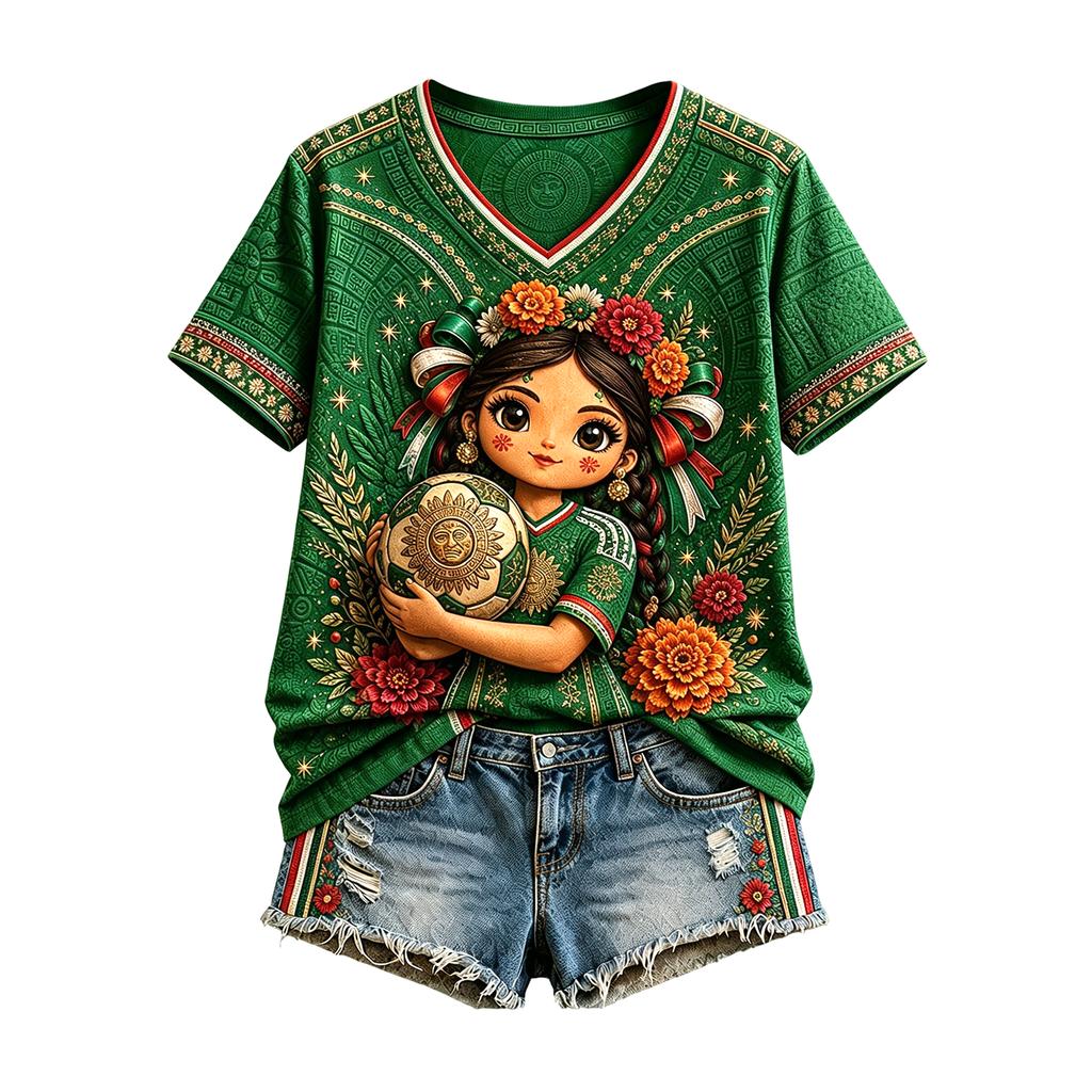 Women's Mexico Inspired V-Neck Short Sleeve Printed T-Shirt for Casual Everyday Wear