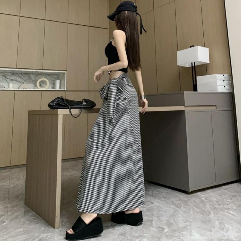 

Women s Summer French Style High-Waisted Plaid Tie-Waist Long Skirt Elegant Maxi Skirt XL