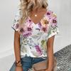 Summer Fashion Loose Casual Women's V-neck Top Green Floral Print Vintage Short Sleeve Personalized Plus Size T-shirt