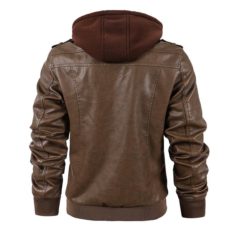 Men's leather jacket jacket thickened and velvet thermal pu leather jacket removable cap European and American