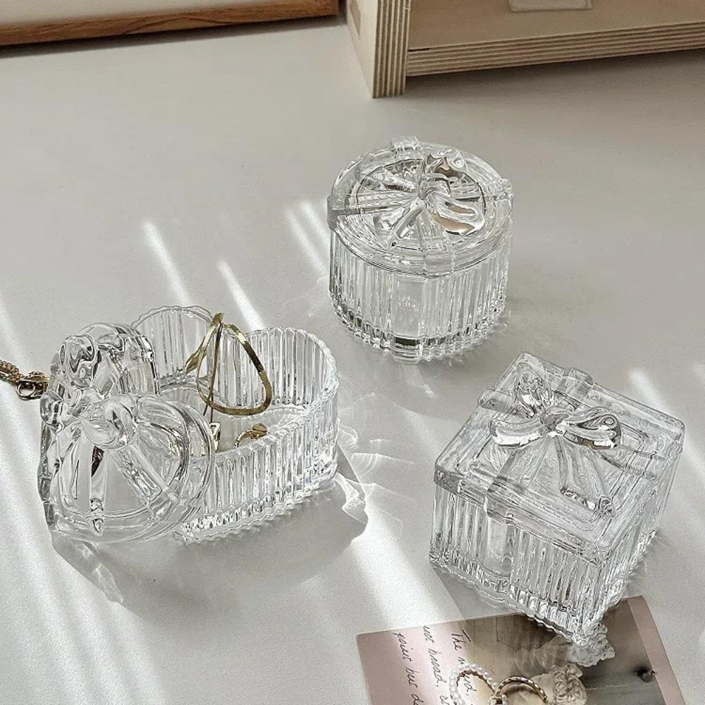 Decor Bowknot Jewelry Storage Box Crystal Glass Heart-Shaped Glass Jewelry Holder with Lid Transparent Earrings Gift Boxes