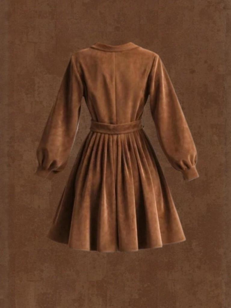 2026 Camel Suede Lapel Lace-up Short Coat Dress - European & American Retro Bathrobe Style