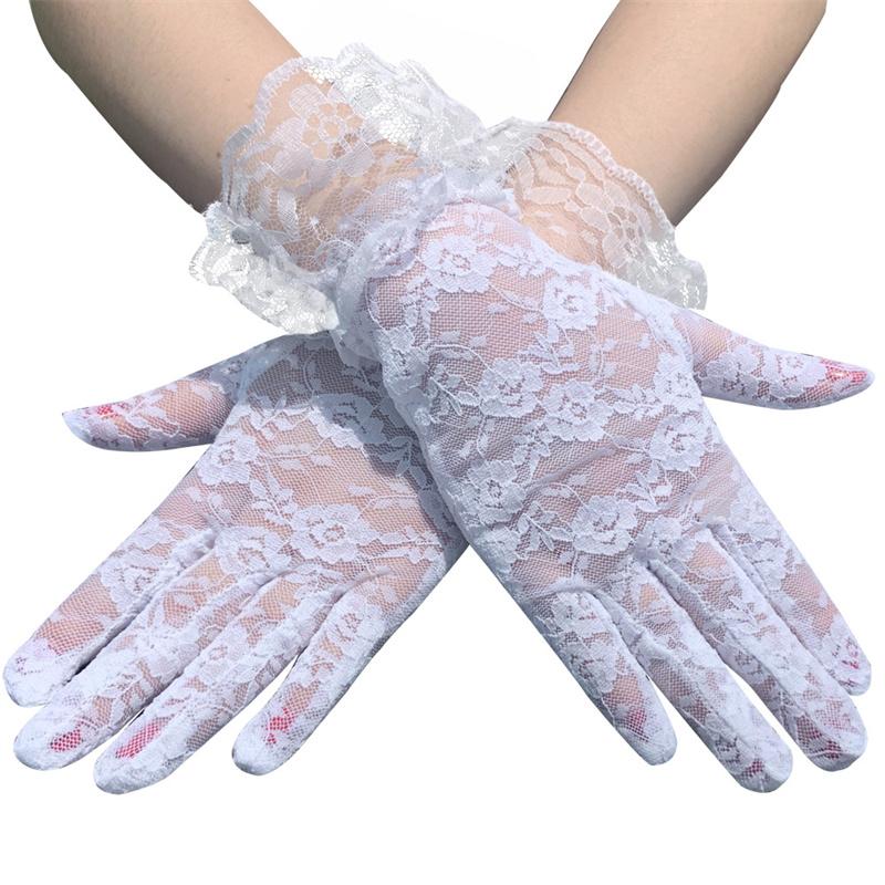 Gants en Dentelle Noirs et Blancs pour Accessoires de Costume d'Halloween Femme Gants Fins en Maille Florale à Volants Mitaines en Dentelle à Doigts Entiers