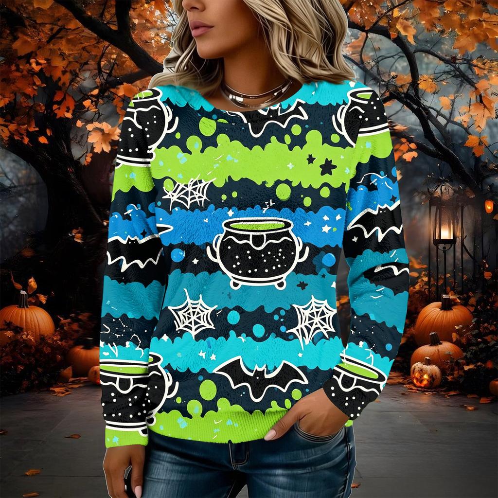 Women's Flannel Long Sleeve T-Shirt with Halloween Print Neck Casual Top