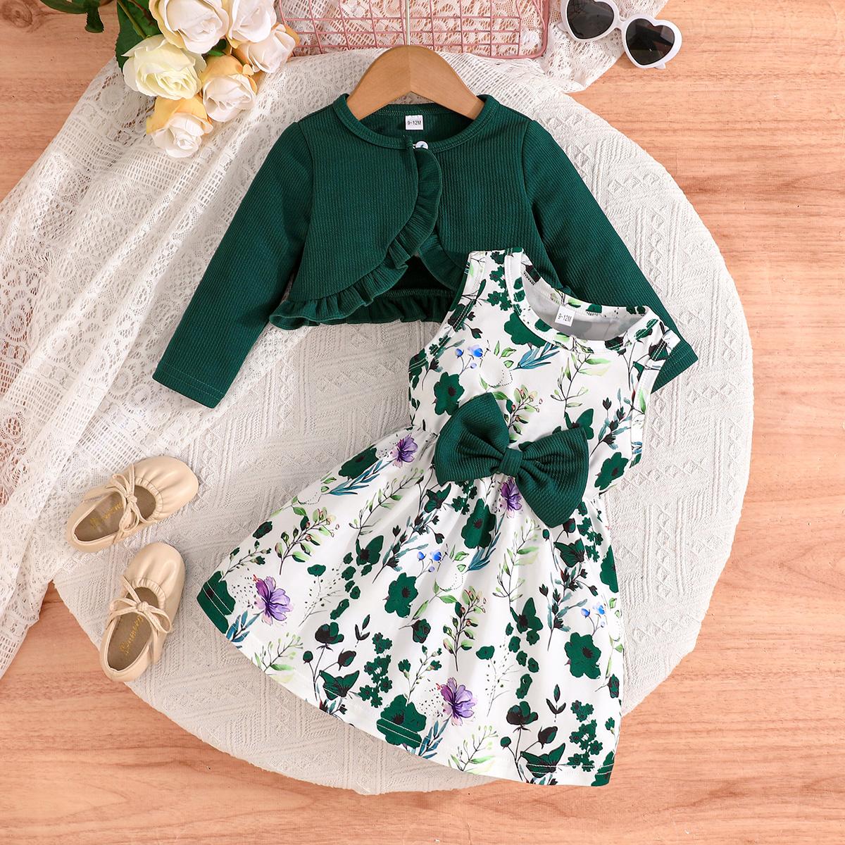 

2PCS Baby Girl Floral & Butterfly Print Dress with Ruffle Cardigan, Sleeveless Dress & Knit Jacket Set 2-3Y alizarin темно-червоний колір