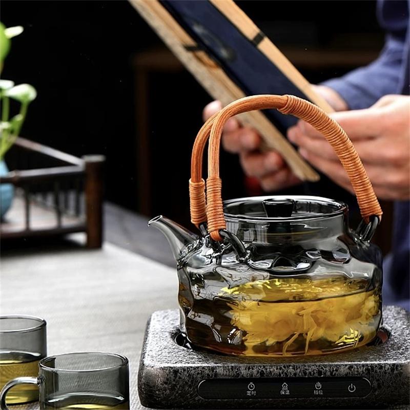 800ml Rattan Woven Handle Irregular Surface Heat-resistant Glass Teapot Boiling Flower Puer Oolong Tea Pot Kungfu Tea Set