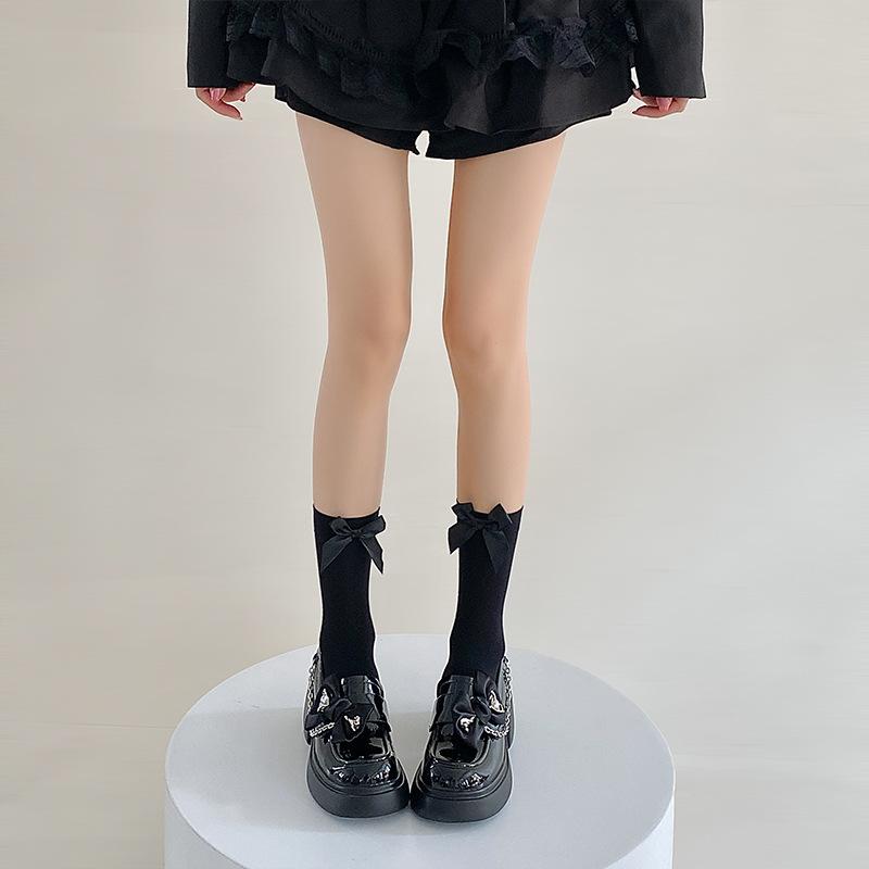 Bow Socks Spring/Summer Thin Mid-calf Socks Velvet Ice Silk Candy-colored Dui Dui Lolita Thigh-high Socks