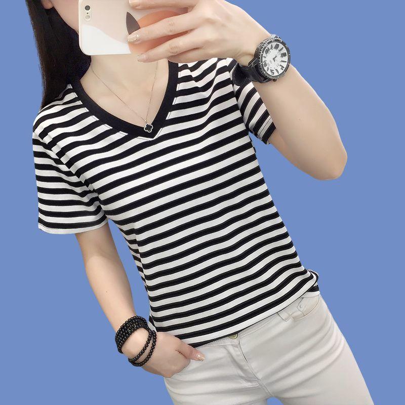 

Летняя женская хлопковая футболка с коротким рукавом, свободная, в полоску, повседневная, большого размера, удобная, дышащая, модный топ L чёрный