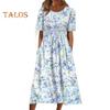 Women's Summer Short Sleeve Dress Casual Floral Print Round Neck Midi Dress with Pockets Flowy A-line Beach Sundress