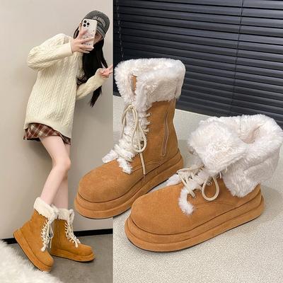 Cowhide Version, New Products In Autumn and Winter, Fluffy Thick-soled Snow Boots, Medium Tube, Winter Fur Integrated Piling, Thickening, Keeping War