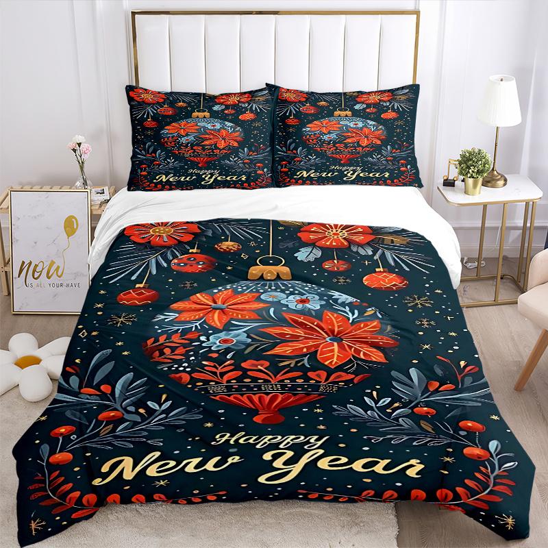 3pcs Happy New Year Festive Decorative Bedding Set, Includes One Quilt Cover and Two Pillowcases (No Core), Anime Cartoon Design, Polyester Fabric