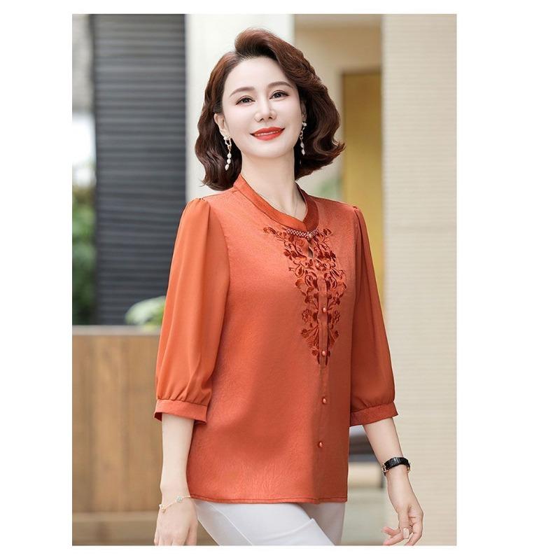 Damen Rundhals Halbarm Froschknopf Floral Schmetterling Stickerei Locker Bluse Hellgrün Lässiges Oberteil