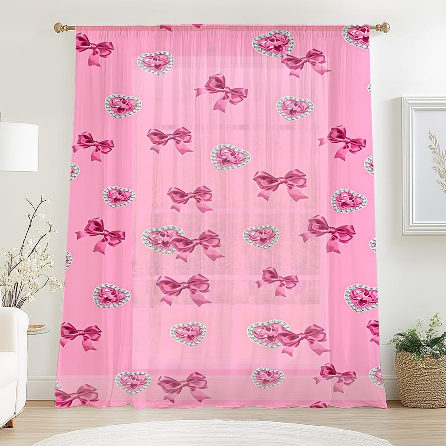 1PC Valentine's Pink Bow & Diamond Heart Curtains Romantic Sheer Drape Light Filtering Window Curtain for Bedroom