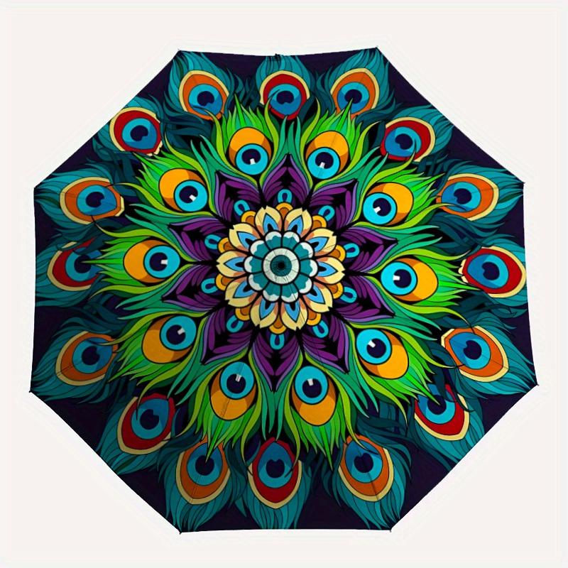 

1pc Peacock Feather Mandala Automatic Opening/closing umbrella, Reinforced 8-Rib Construction, Compact Travel Umbrella yy250808200