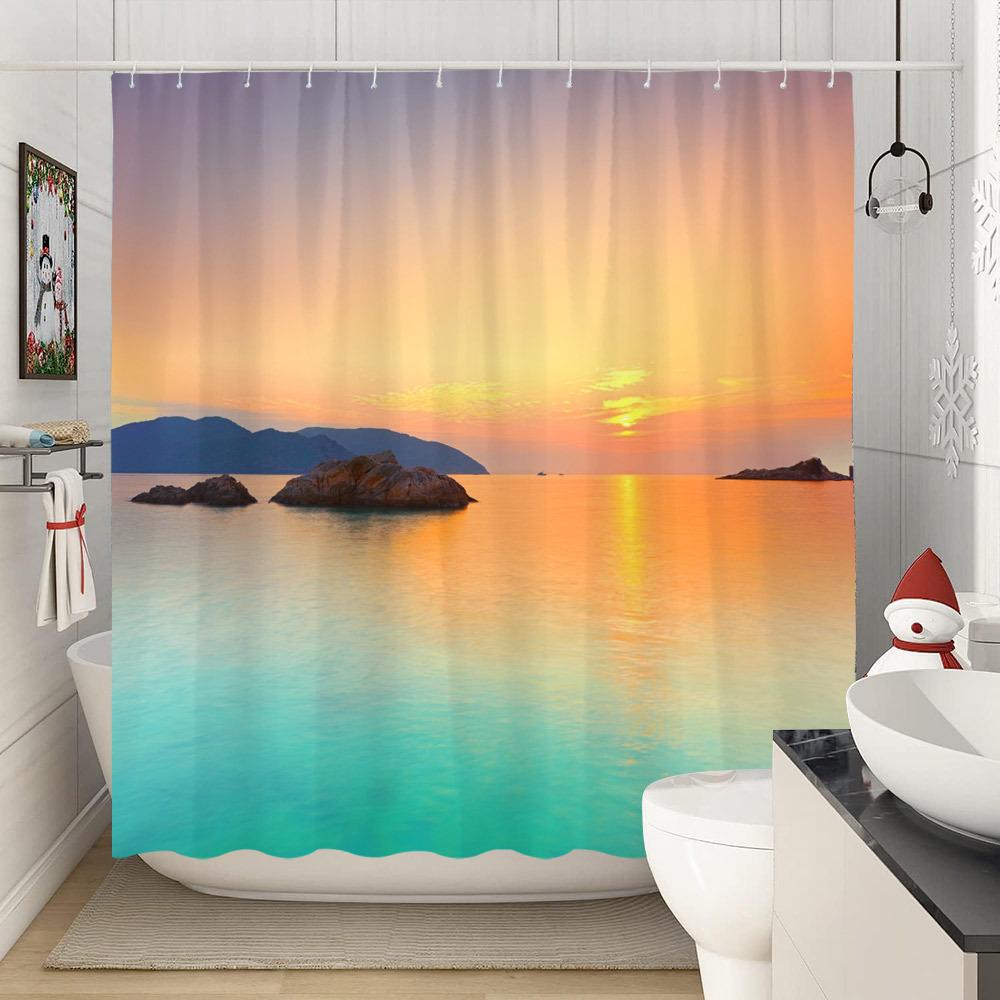 Sunset Sea Shower Curtain - Tranquil Waters, Vibrant Sky & Rocky Islets, Polyester with Hooks