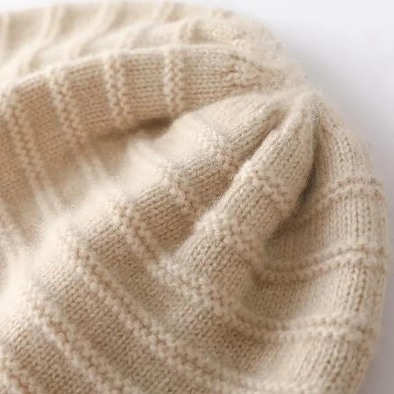 Women's Pure Wool Knit Beanie Hat Winter Warm Striped Pattern Soft Cozy Thickened Cap Headwear for Cold Weather Hiking