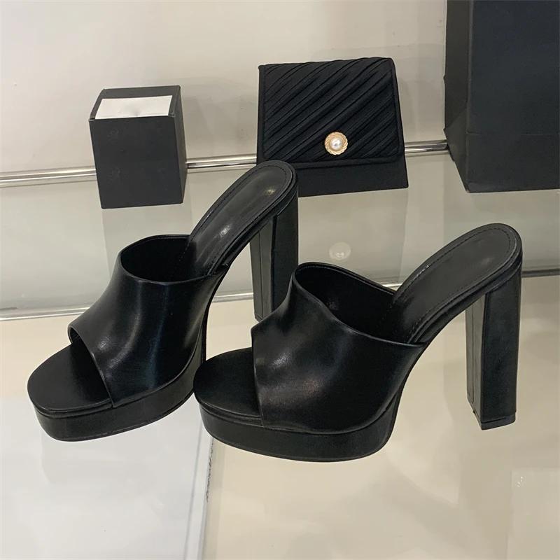 Eilyken New Summer Chunky Platform Open Toe Women Slippers Concise Square High Heels Slide Ladies Shoes