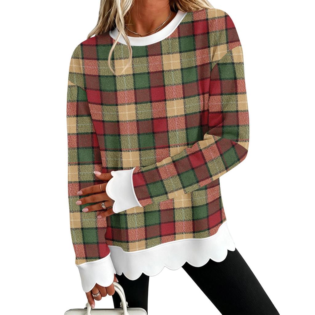 Women's Loose Fit Crewneck Sweatshirt with Scalloped Hem, Christmas Print Long Sleeve Pullover Top